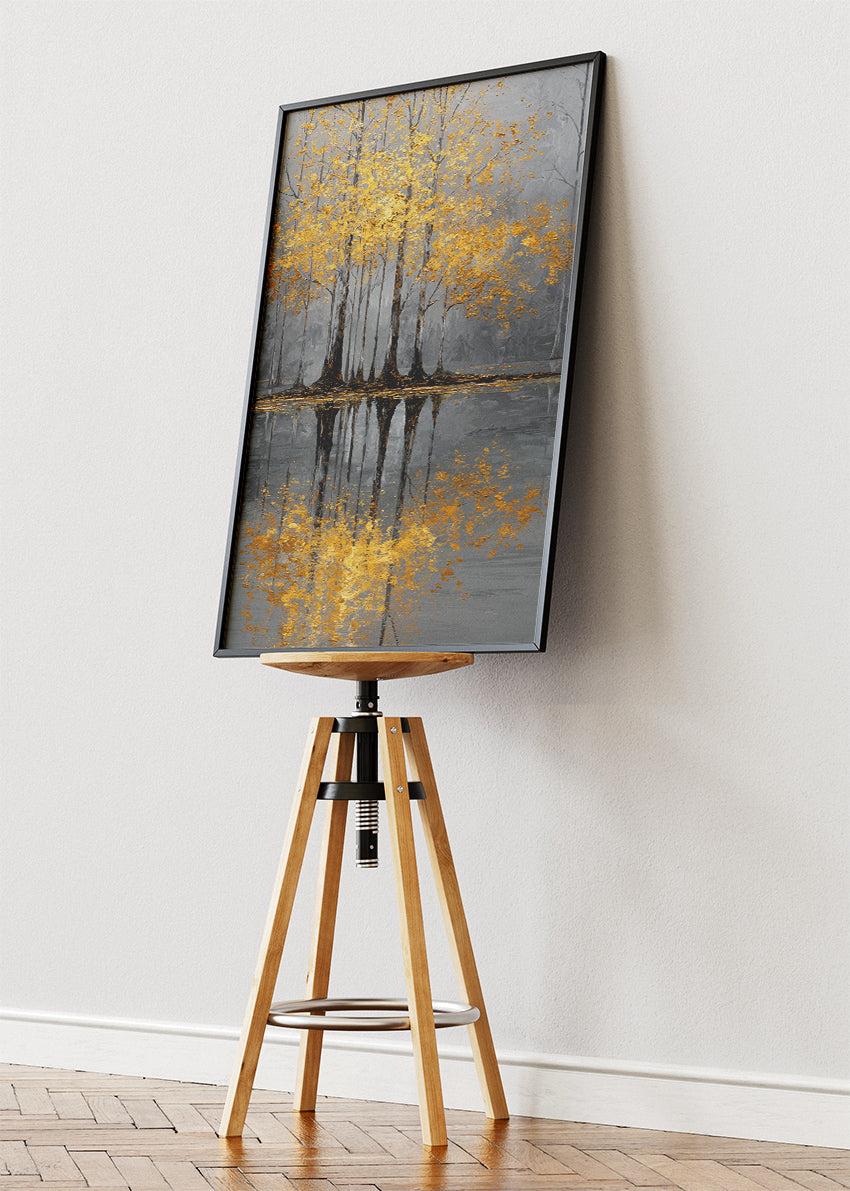 Golden Tree Reflection Wall Art – Grey & Gold Lake Canvas Print | Elegant Autumn Portrait Poster