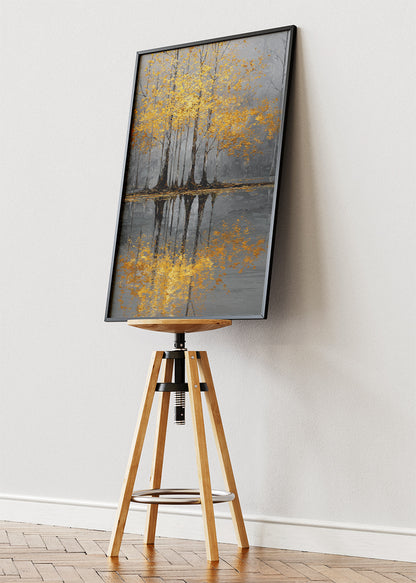 Golden Tree Reflection Wall Art – Grey & Gold Lake Canvas Print | Elegant Autumn Portrait Poster