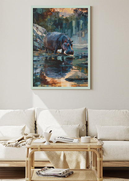 Serene Hippo River Scene Canvas Print & Poster – African Wildlife Wall Art – AI PRINT LAB