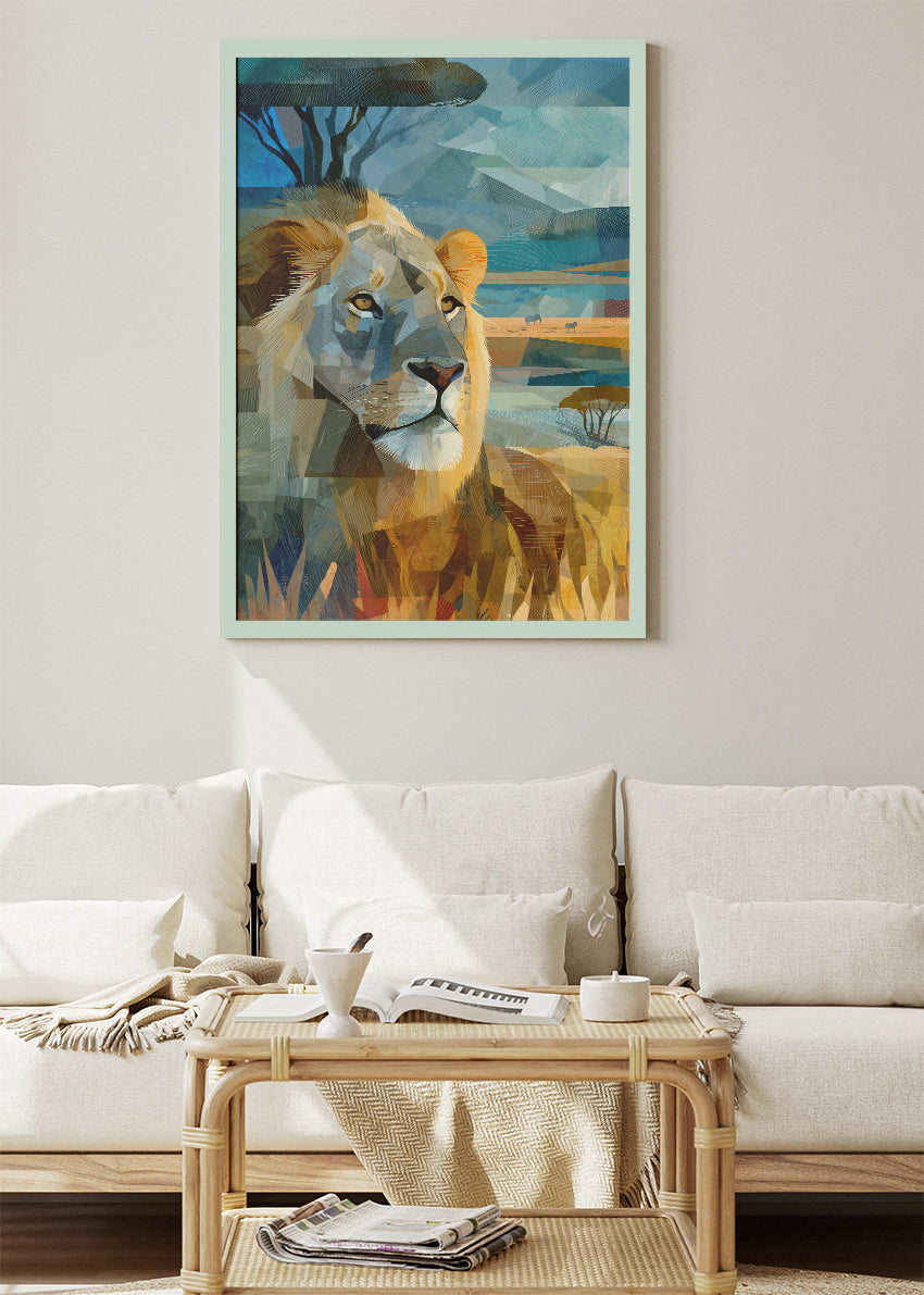 Geometric Safari Lion Canvas Print & Poster – Modern African Wildlife Wall Art – AI PRINT LAB