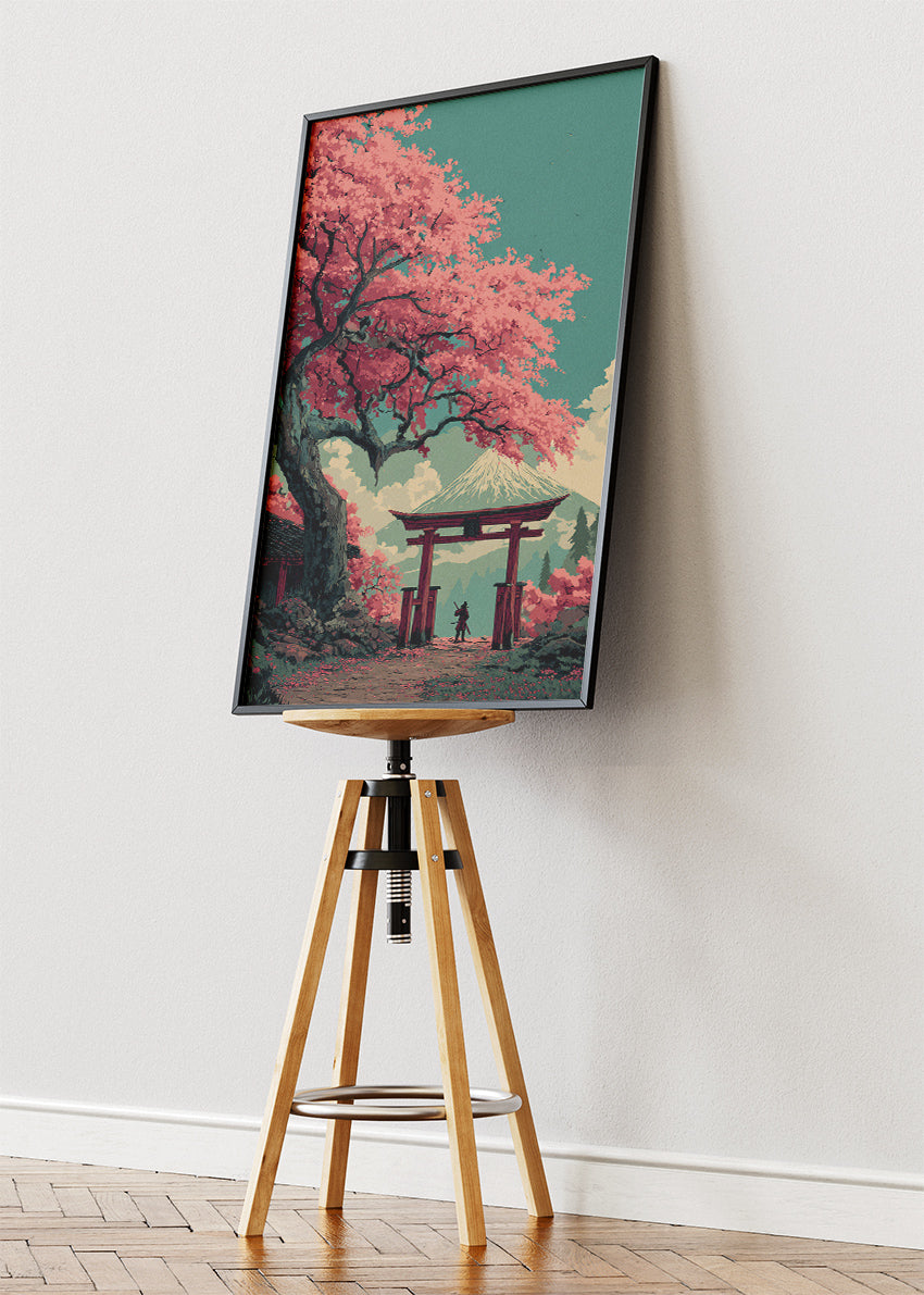 Japanese Cherry Blossom Wall Art – Torii Gate & Mount Fuji Canvas Print | Vintage Style Landscape Portrait Poster