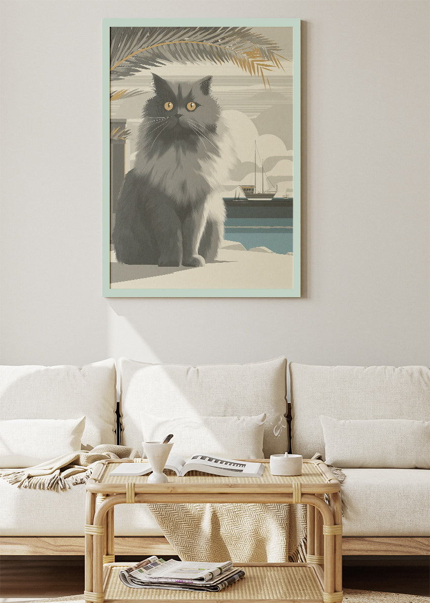 Coastal Grey Cat Canvas Print & Poster – Minimalist Seaside Cat Wall Art – AI PRINT LAB