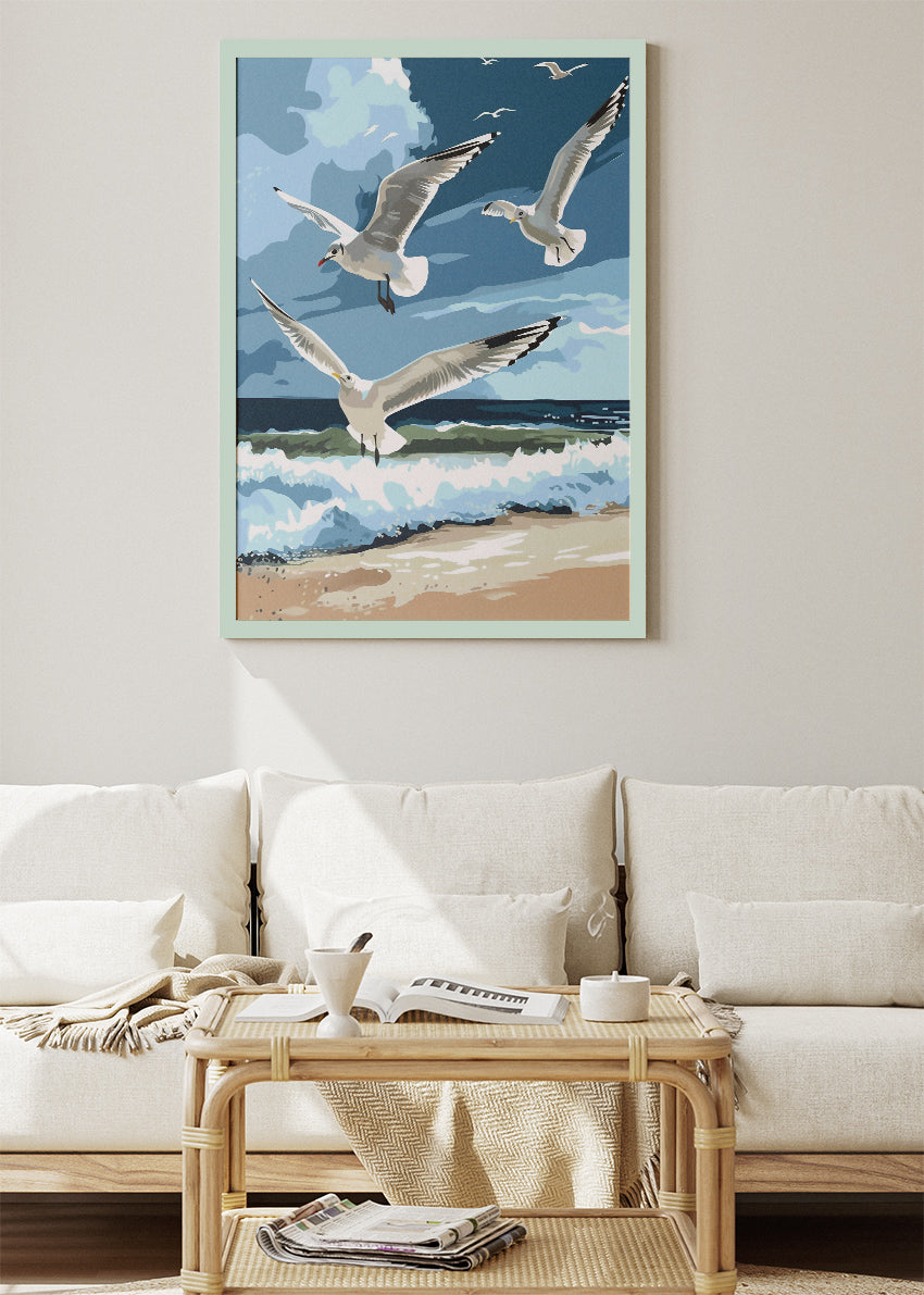 Seagulls Over Ocean Canvas Print & Poster – Coastal Beach Landscape Wall Art – AI PRINT LAB