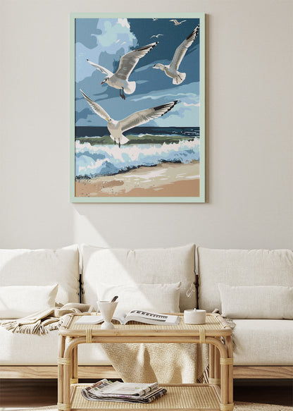 Seagulls Over Ocean Canvas Print & Poster – Coastal Beach Landscape Wall Art – AI PRINT LAB