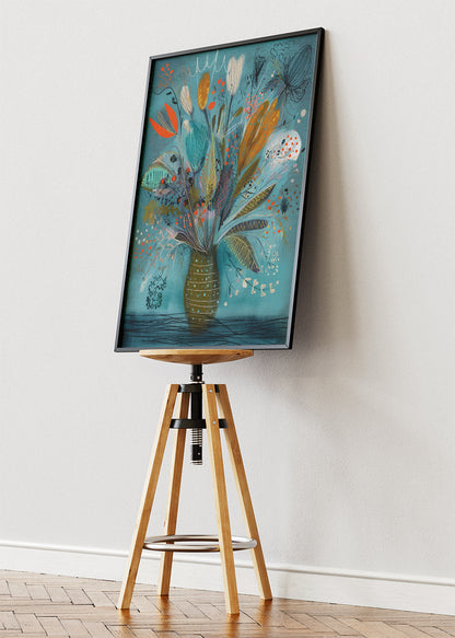 Modern Abstract Floral Vase Wall Art – Teal & Orange Botanical Canvas Print | Contemporary Portrait Poster