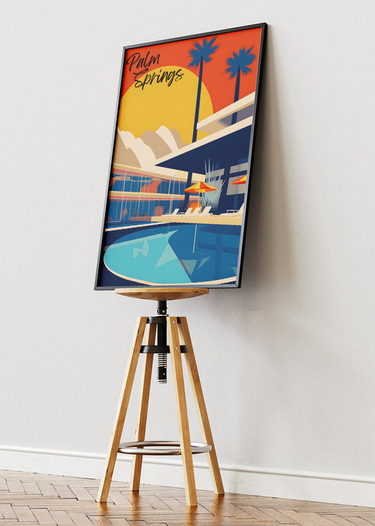Palm Springs California Poster & Canvas Print – Retro Sunset Poolside Illustration