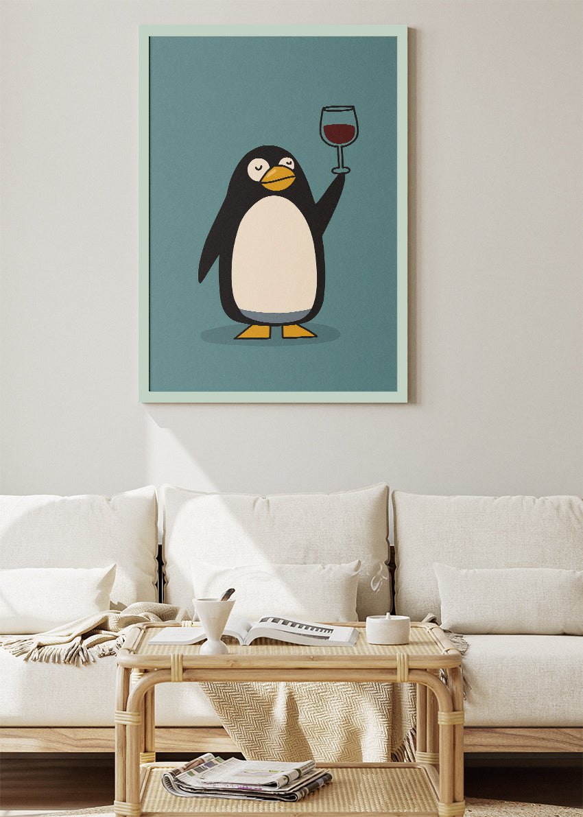 Funny Penguin Wine Canvas Print & Poster – Minimalist Cartoon Animal Wall Art – AI PRINT LAB