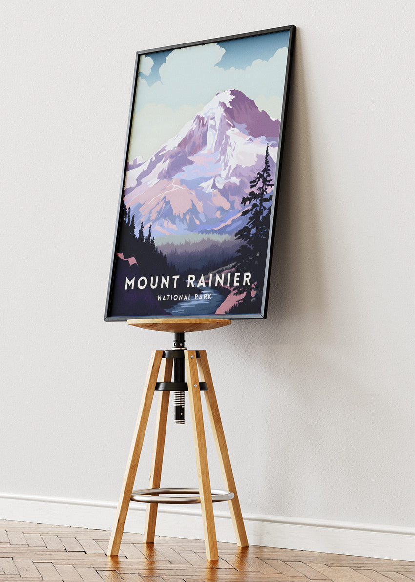 Mount Rainier National Park Poster & Canvas Print – Illustrated Mountain Landscape Wall Art