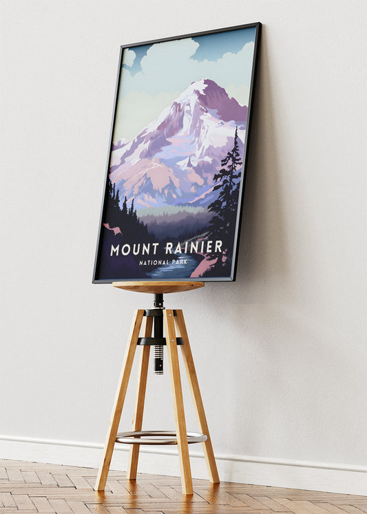 Mount Rainier National Park Poster & Canvas Print – Illustrated Mountain Landscape Wall Art