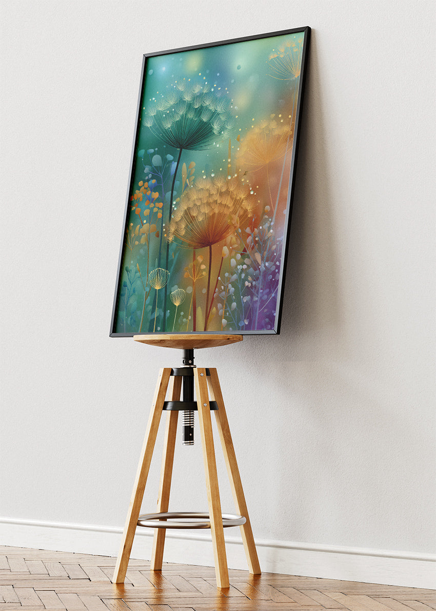 Dreamy Dandelion Wall Art – Soft Teal & Gold Botanical Canvas Print | Magical Floral Portrait Poster