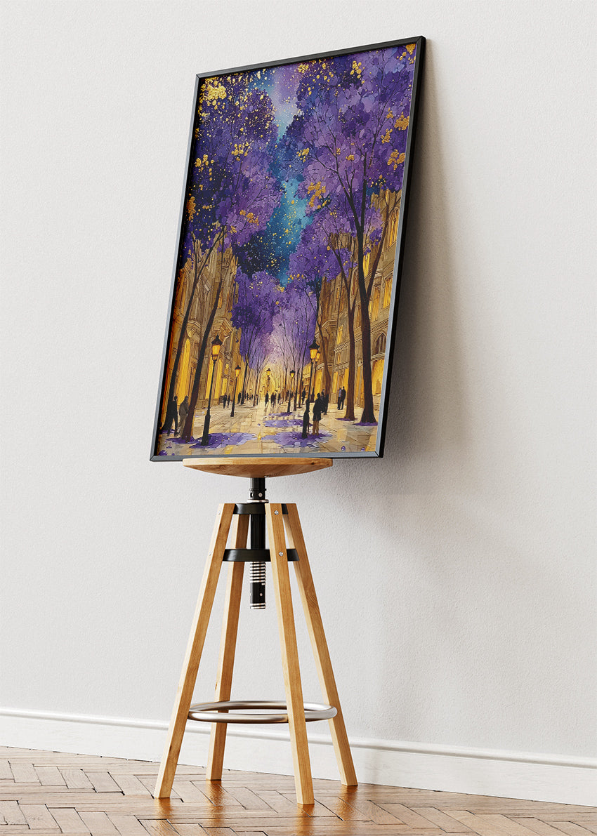 Purple Blossom City Night Wall Art – Golden Street Lights Canvas Print | Romantic Urban Landscape Portrait Poster
