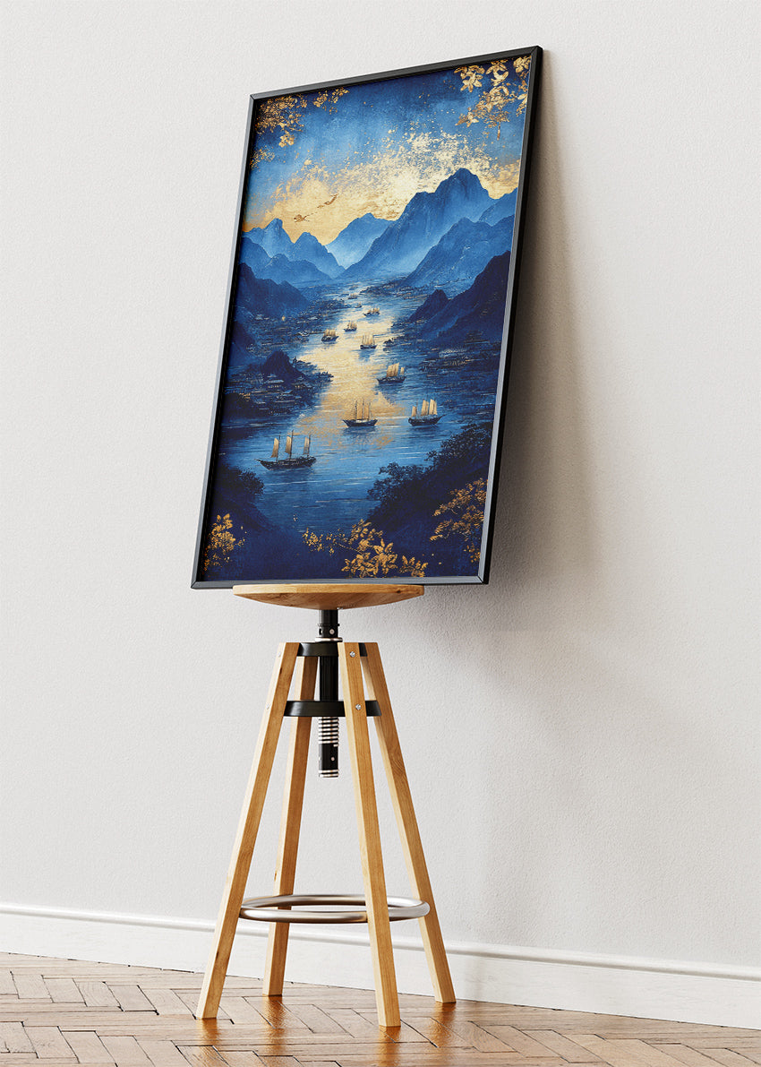 Midnight Blue Harbor – Luxury Gold Mountain Canvas & Poster Print – AI PRINT LAB