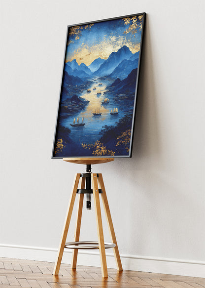 Midnight Blue Harbor – Luxury Gold Mountain Canvas & Poster Print – AI PRINT LAB