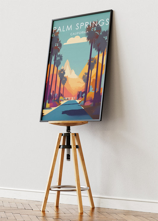 Palm Springs California Poster & Canvas Print – Desert Sunset Drive Illustration Wall Art