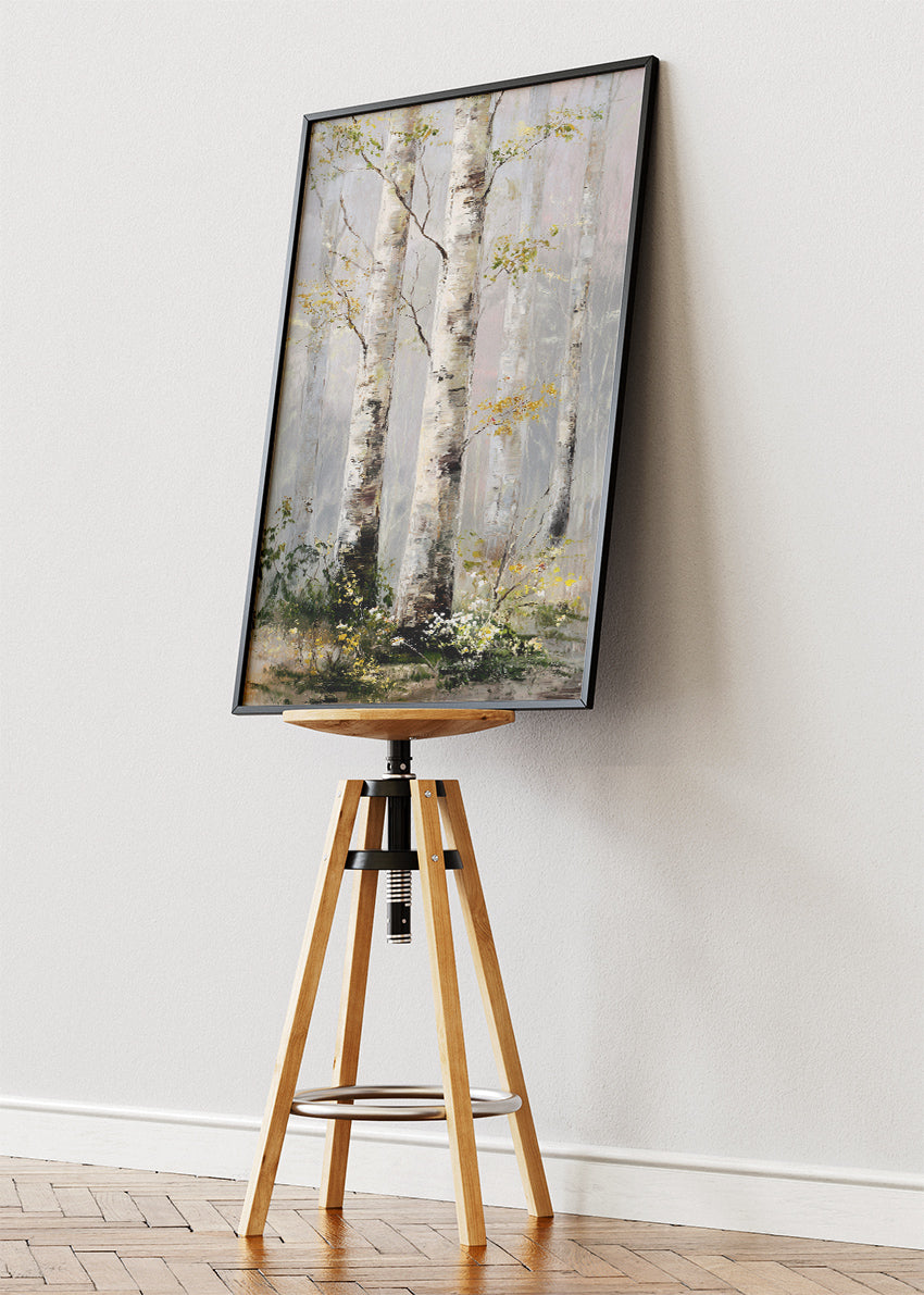 Soft Birch Forest Wall Art – Neutral Woodland Canvas Print | Calm Nature Landscape Portrait Poster