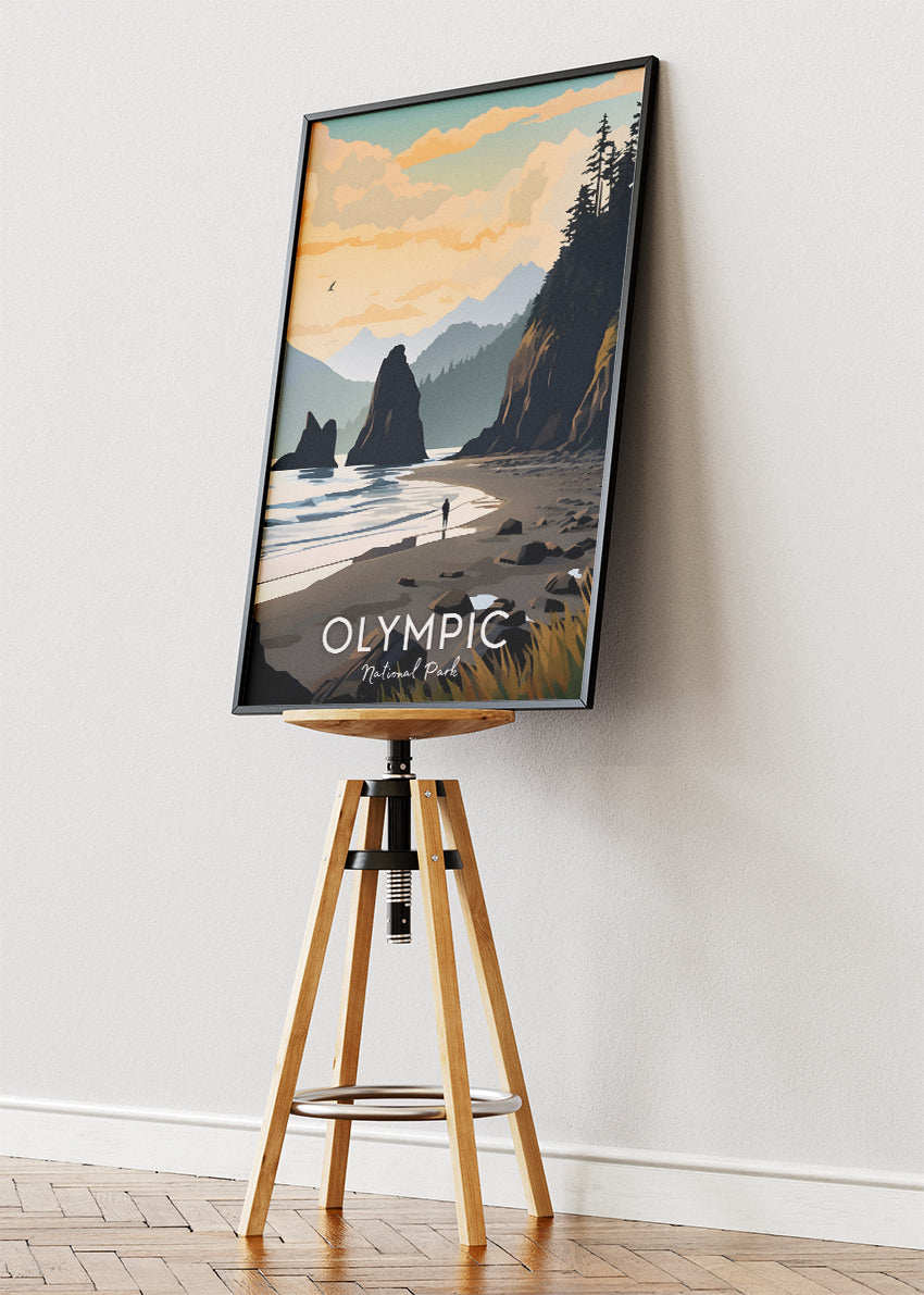 Olympic National Park Poster & Canvas Print – Illustrated Coastal Sunset Wall Art