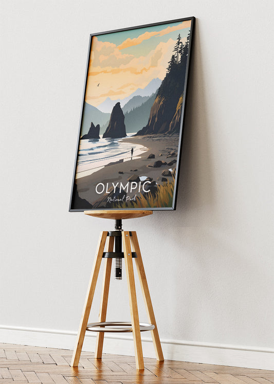 Olympic National Park Poster & Canvas Print – Illustrated Coastal Sunset Wall Art