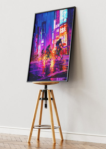 Neon Rain Sprint Cycling Art Print & Canvas – Midnight City Breakaway