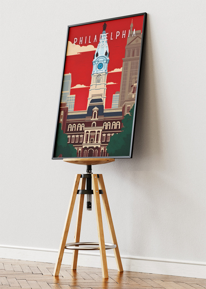 Philadelphia USA Poster & Canvas Print – City Hall Landmark Illustration Wall Art