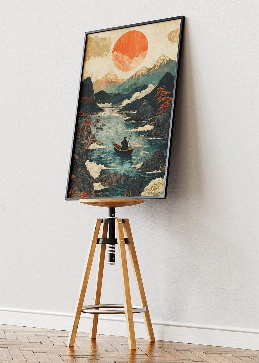 Silent River Journey – Japanese-Inspired Mountain Sunset Canvas & Poster Print – AI PRINT LAB