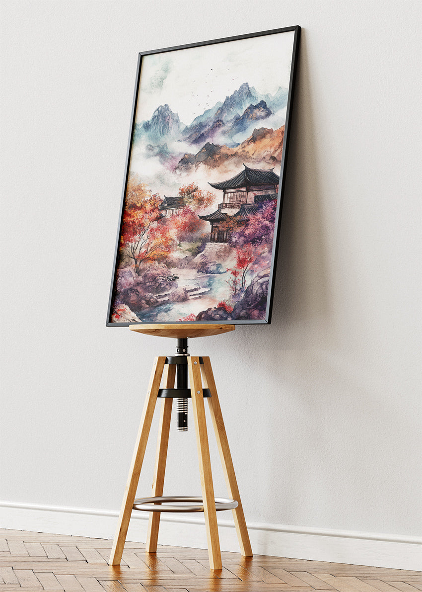 Misty Autumn Temple – Oriental Mountain Landscape Canvas & Poster Print – AI PRINT LAB