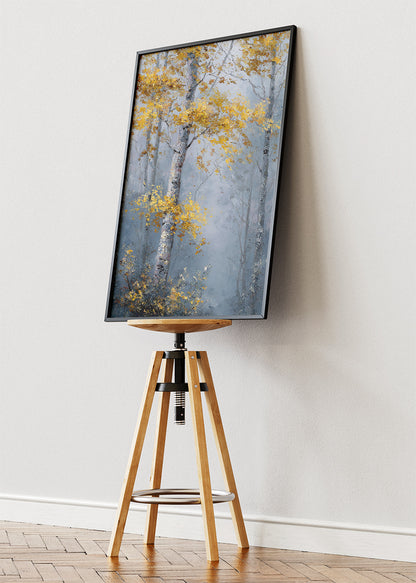 Misty Golden Birch Forest Wall Art – Elegant Autumn Woodland Canvas Print | Serene Nature Portrait Poster