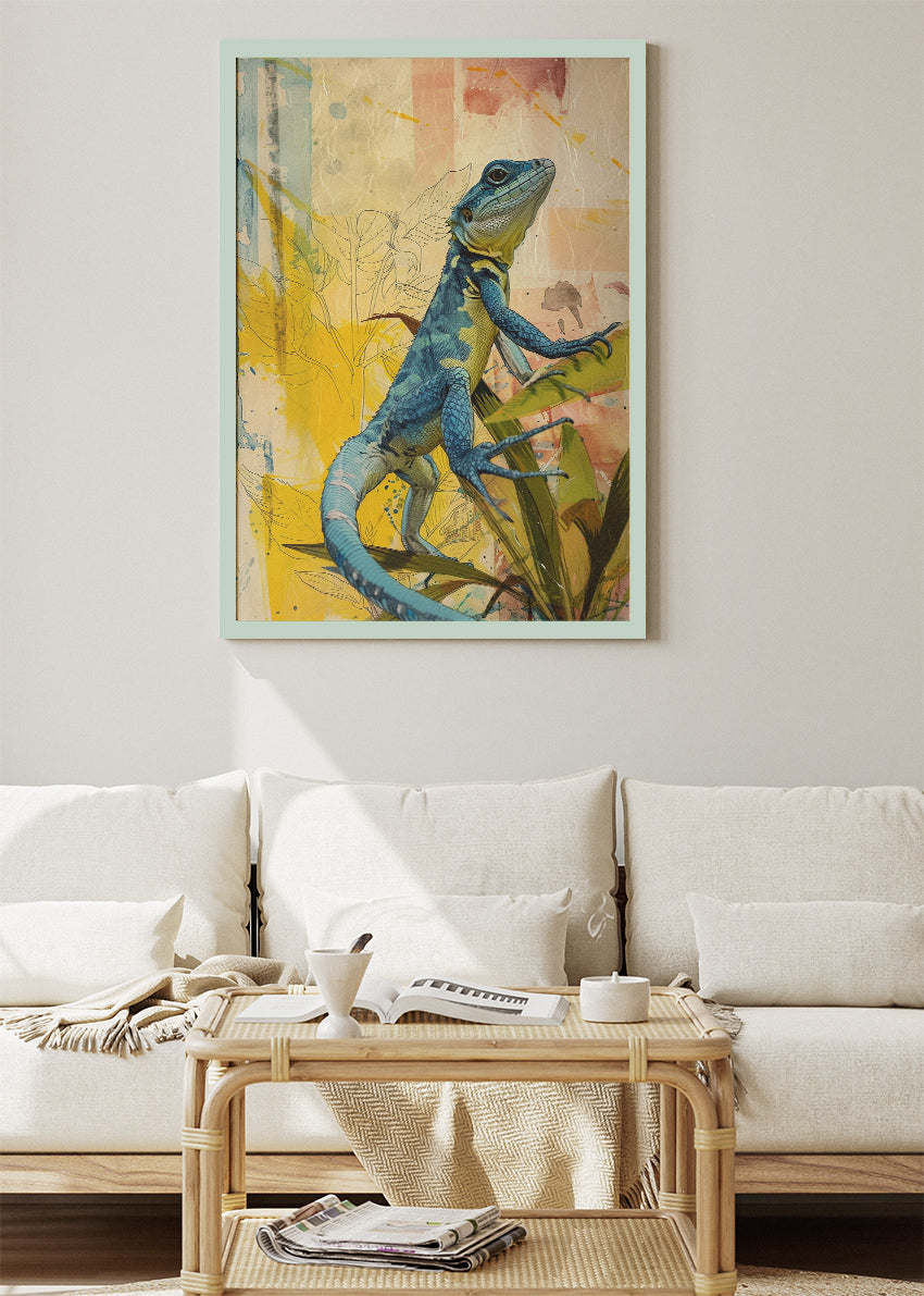 Blue Lizard Poster & Canvas Print – Colorful Botanical Reptile Art