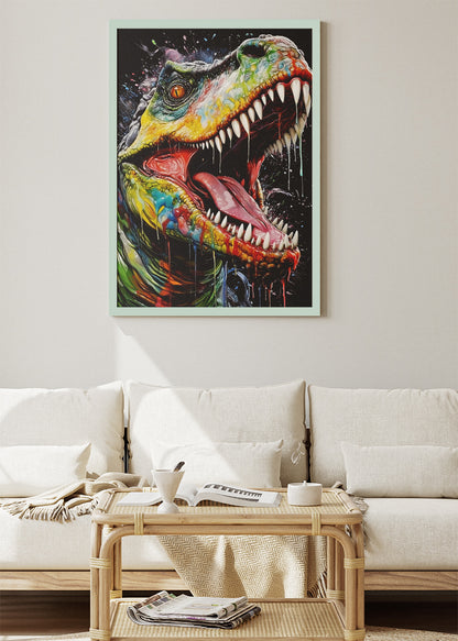 Colorful T-Rex Dinosaur Poster & Canvas Print – Splash Art Jurassic Wall Decor