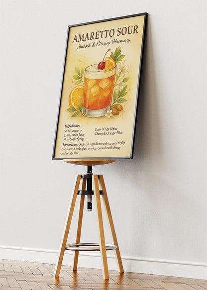 Amaretto Sour Botanical Recipe Poster & Canvas Print | Vintage Cocktail Wall Art