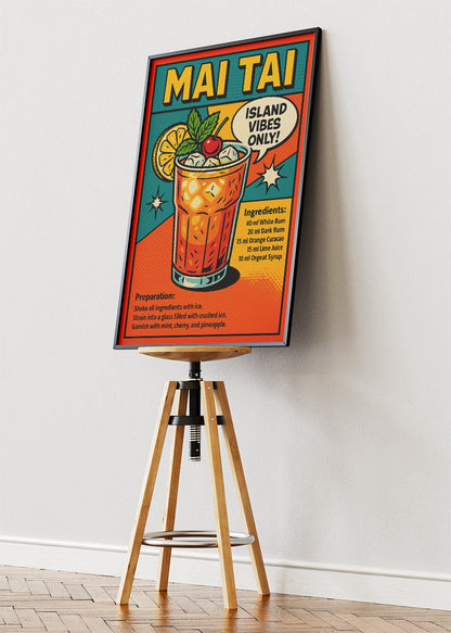 Mai Tai Pop Art Cocktail Recipe Poster & Canvas Print | Retro Comic Bar Wall Art