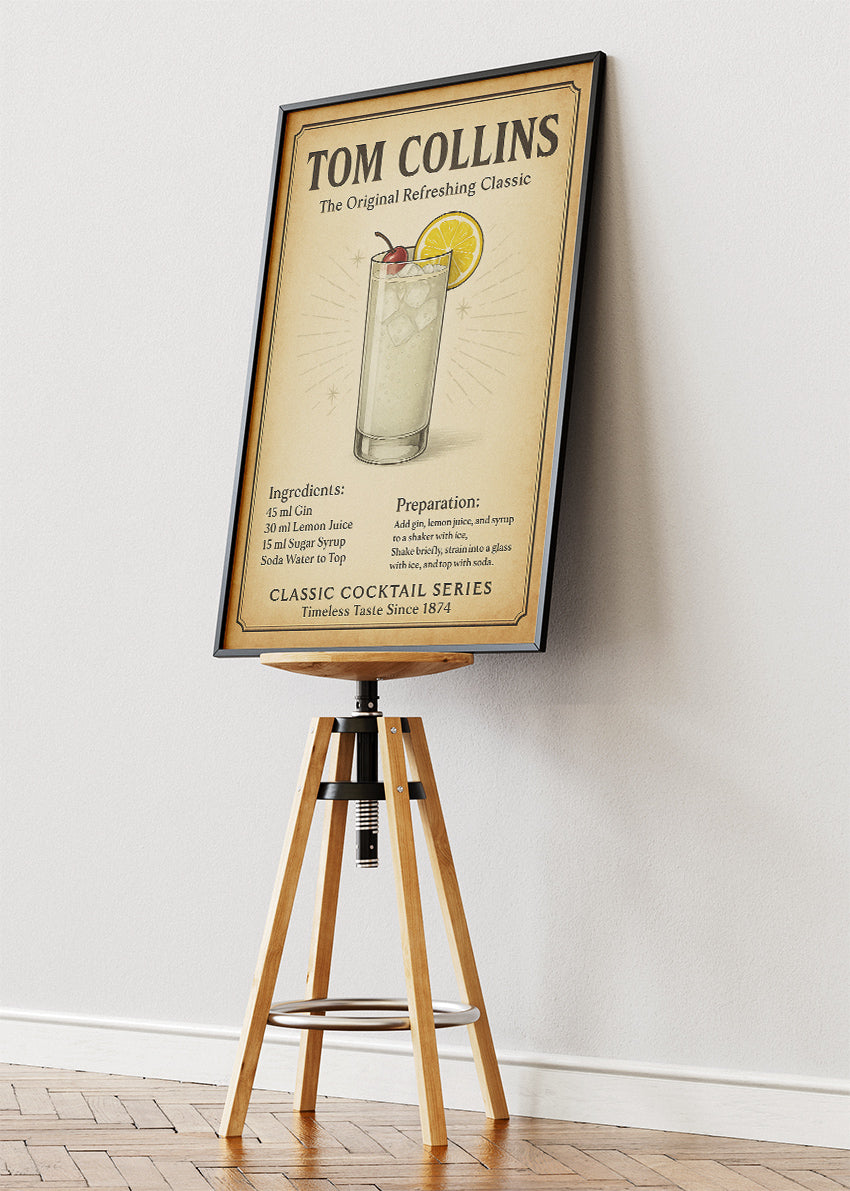 Tom Collins Classic Cocktail Poster & Canvas Print – Vintage Gin Drink Wall Art – AI PRINT LAB