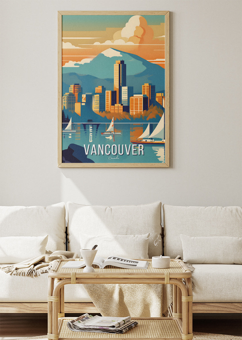 Vancouver Canada Skyline Poster & Canvas Print – Mountains & Sailboats Wall Art