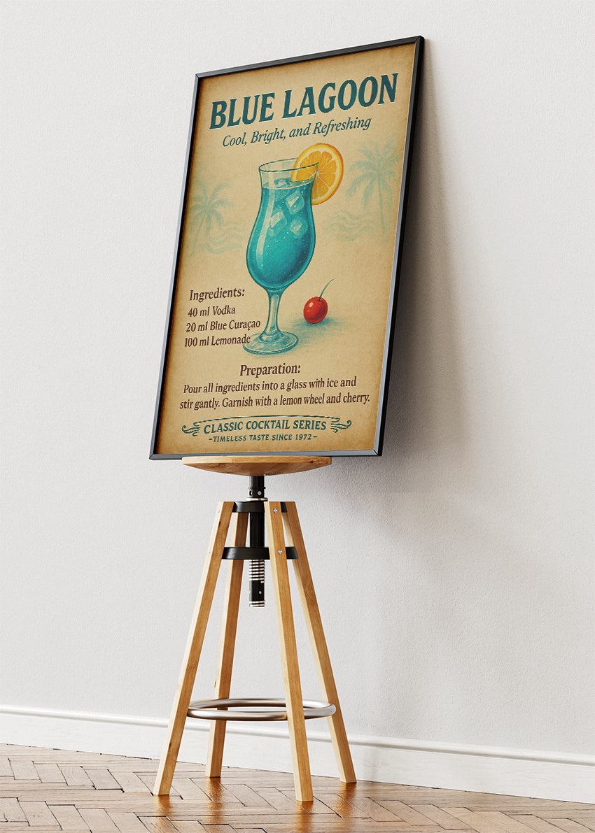 Blue Lagoon Vintage Cocktail Poster & Canvas Print | Classic Refreshing Bar Wall Art