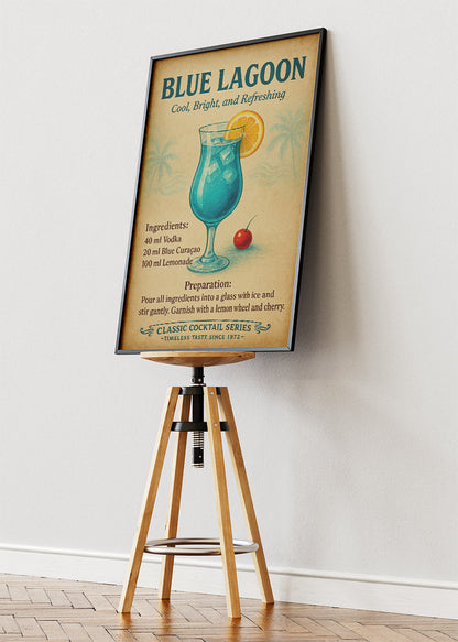 Blue Lagoon Vintage Cocktail Poster & Canvas Print | Classic Refreshing Bar Wall Art