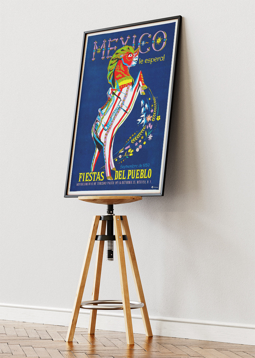 Mexico Vintage Poster & Canvas Print – Retro Fiestas del Pueblo Festival Art