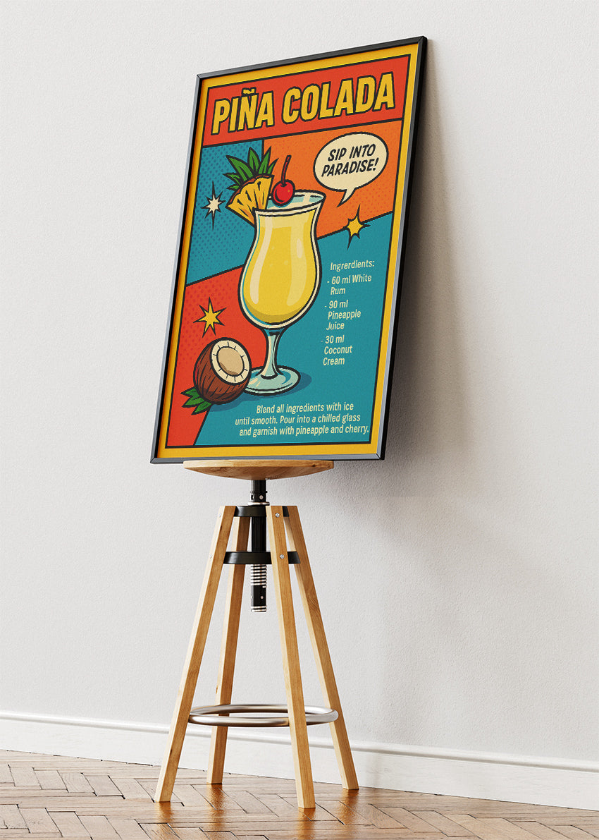 Piña Colada Pop Art Recipe Poster & Canvas Print | Retro Tropical Cocktail Wall Art