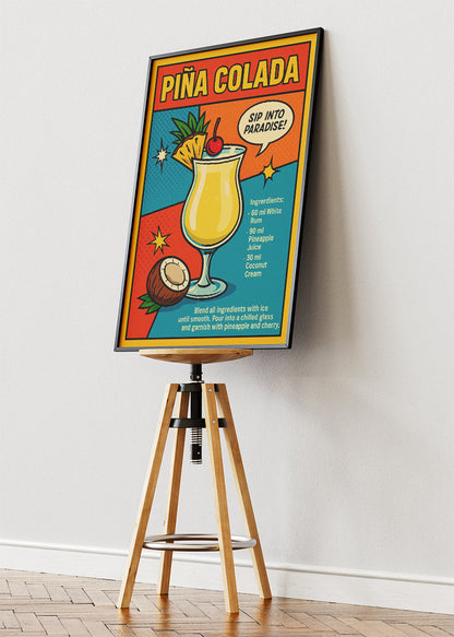 Piña Colada Pop Art Recipe Poster & Canvas Print | Retro Tropical Cocktail Wall Art