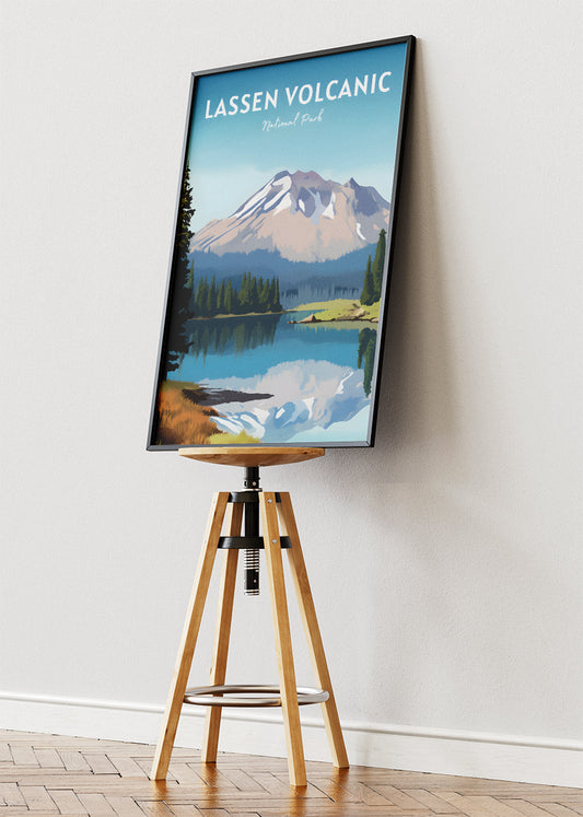Lassen Volcanic National Park Poster & Canvas Print – Mountain Lake Landscape Illustration Wall Art
