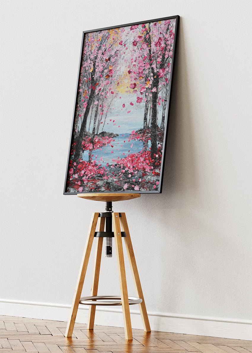 Cherry Blossom Lake Wall Art – Pink Sakura Trees Canvas Print & Romantic Nature Landscape Poster for Living Room Decor UK