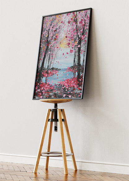 Cherry Blossom Lake Wall Art – Pink Sakura Trees Canvas Print & Romantic Nature Landscape Poster for Living Room Decor UK