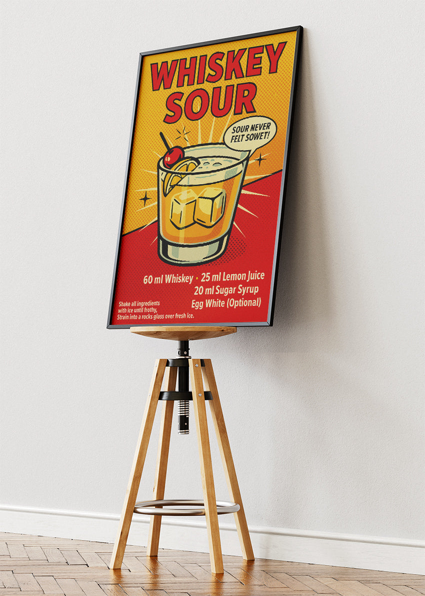 Whiskey Sour Vintage Cocktail Poster & Canvas Print | Retro Bar Wall Art