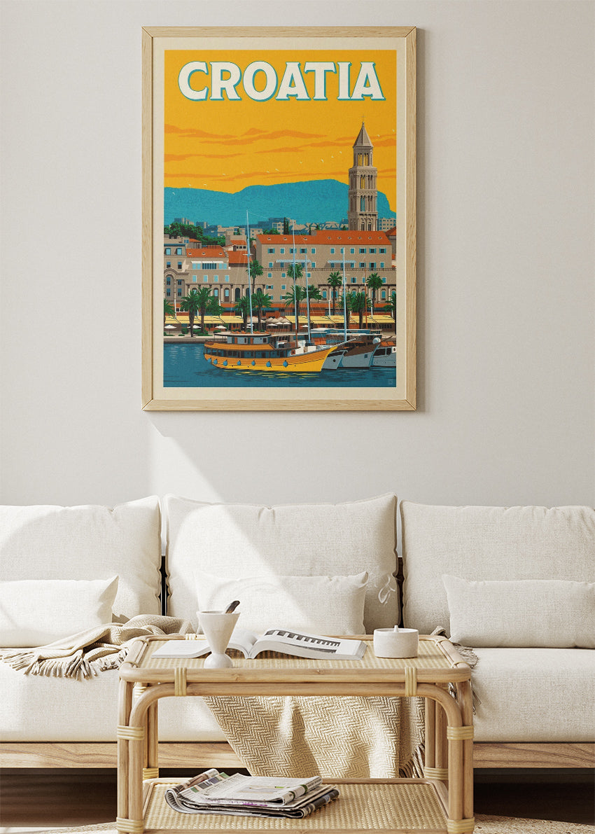 Croatia Travel Poster & Canvas Print – Split Harbour Retro Illustration Wall Art