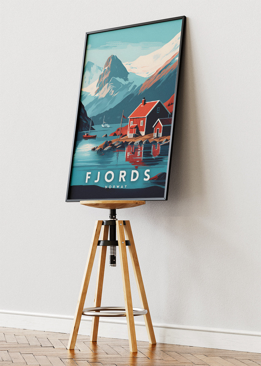 Fjords Norway Poster & Canvas Print – Illustrated Nordic Cabin Mountain Art