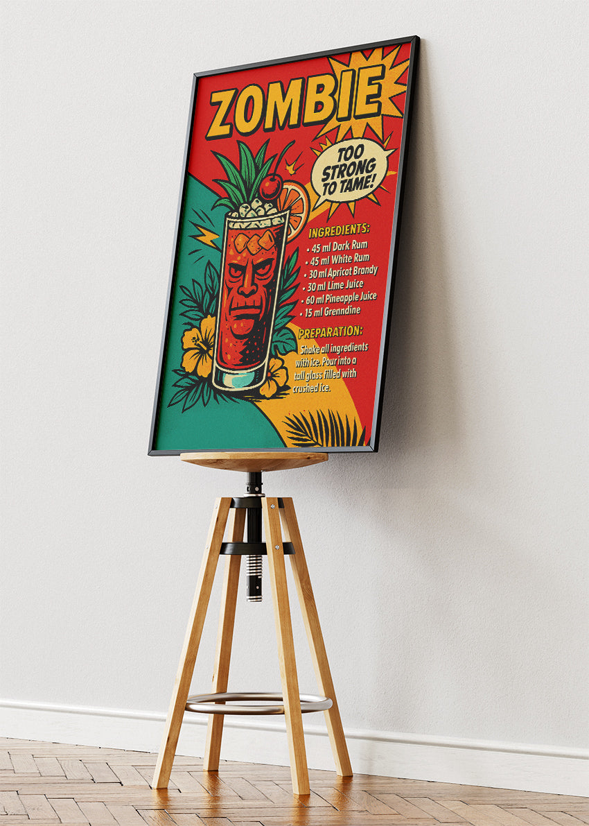 Zombie Retro Tiki Cocktail Poster & Canvas Print | Bold Tropical Bar Wall Art