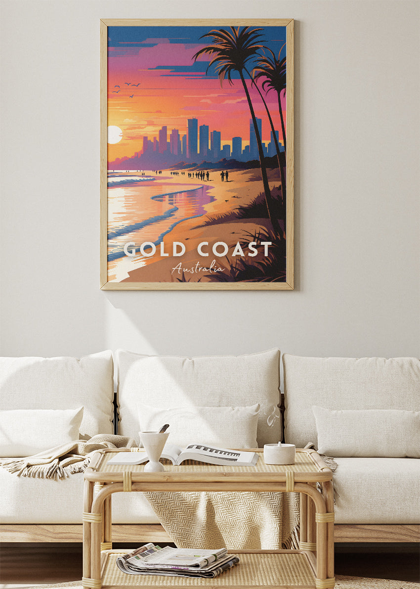 Gold Coast Australia Travel Poster & Canvas Wall Art – Sunset Beach Skyline Print – AIPRINTLAB