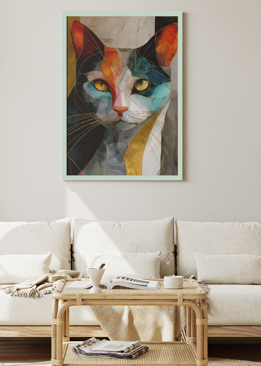 Abstract Cat Canvas Print & Poster – Luxury Geometric Wall Art with Gold Accents – AI PRINT LAB