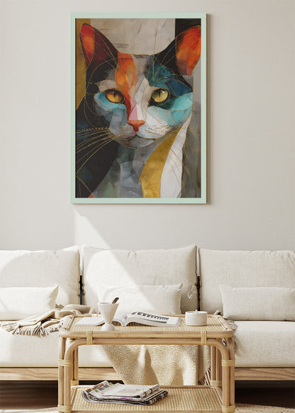 Abstract Cat Canvas Print & Poster – Luxury Geometric Wall Art with Gold Accents – AI PRINT LAB