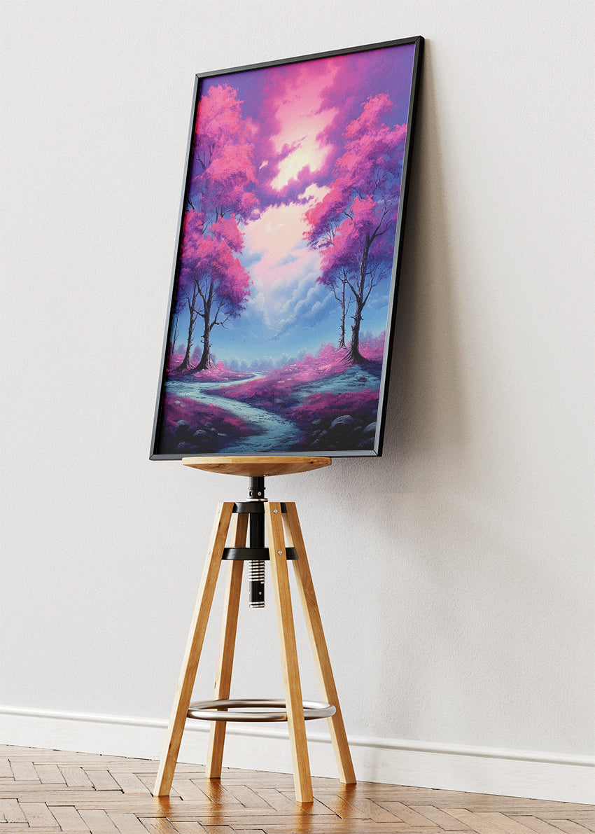 Pink Blossom Dreamscape – Fantasy Forest Path Canvas & Poster Print – AI PRINT LAB