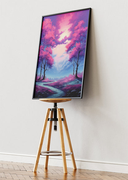 Pink Blossom Dreamscape – Fantasy Forest Path Canvas & Poster Print – AI PRINT LAB