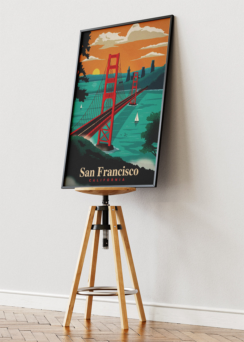 San Francisco California Poster & Canvas Print – Golden Gate Bridge Sunset Illustration Wall Art